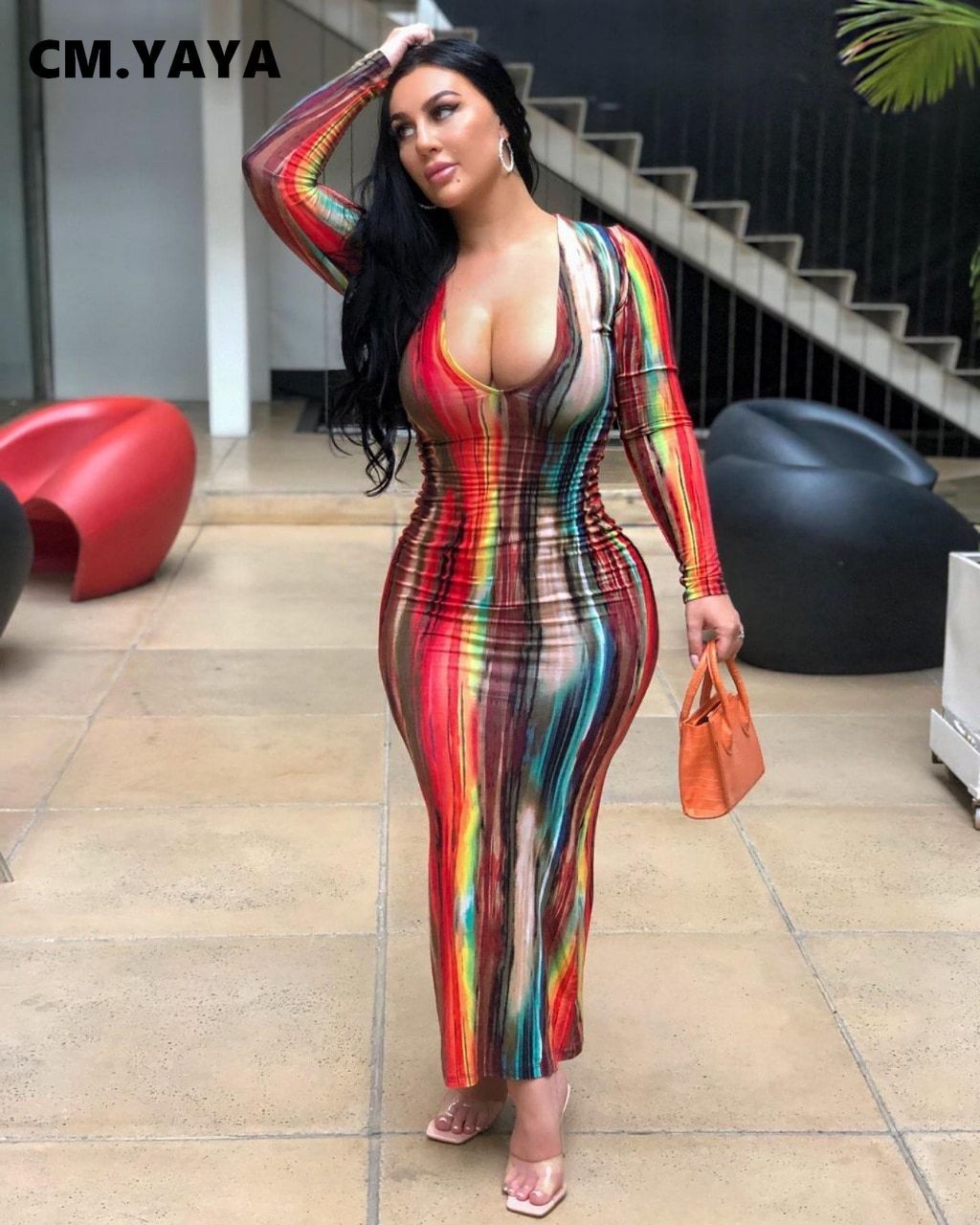 Women Plus Size Dress Tie Dye Full Sleeve V-neck Stretchy Skinny Boydcon Pencil Long Maxi Dresses Sexy Vestidos Autumn