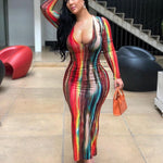 Women Plus Size Dress Tie Dye Full Sleeve V-neck Stretchy Skinny Boydcon Pencil Long Maxi Dresses Sexy Vestidos Autumn