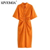 KPYTOMOA Women  Chic Fashion Button-up Draped Midi Shirt Dress Vintage Short Sleeve Side Zipper Female Dresses Vestidos