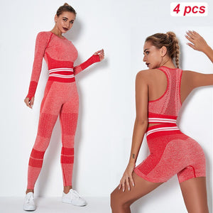 4Pcs Women Vital Seamless Yoga Set Sports Bra+Crop Top Shirts+Shorts+High Waist Leggings