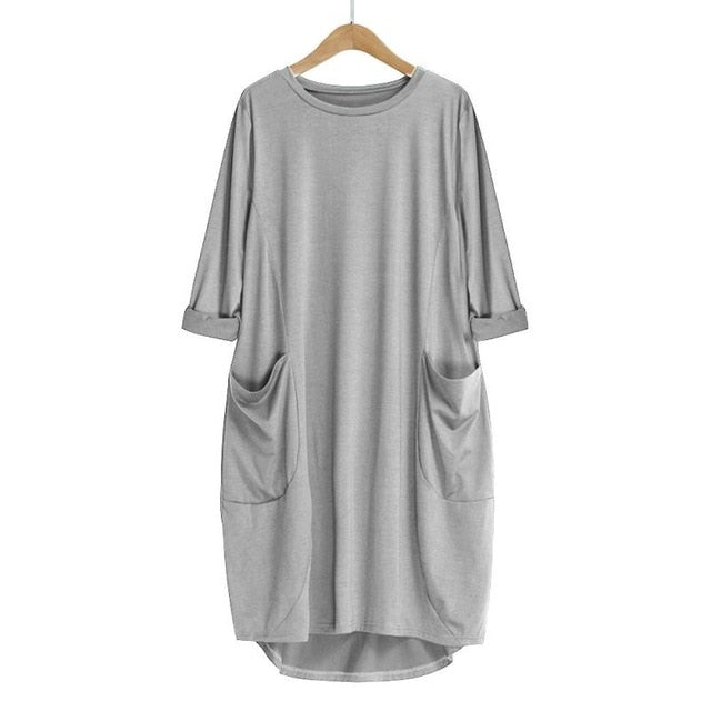 Feitong Plus Size Boho Womens Dress Ladies Casual Pocket Loose Dress Crew Neck Mini Tops Dress