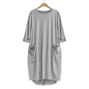 Feitong Plus Size Boho Womens Dress Ladies Casual Pocket Loose Dress Crew Neck Mini Tops Dress