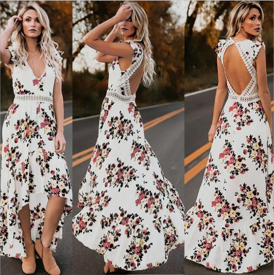 V neck backless summer dress  bohemian maxi dress Hollow out irregular long dress