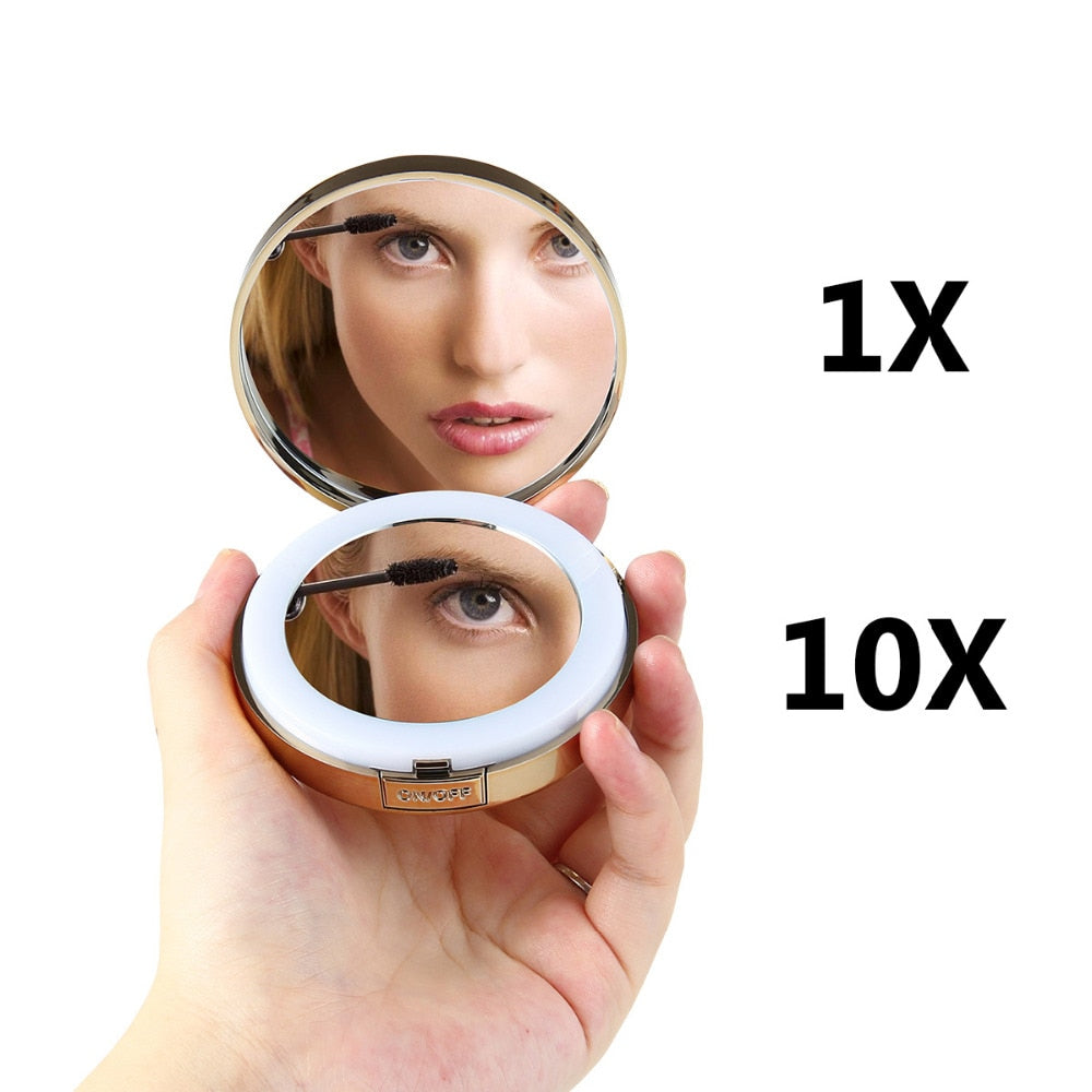 1 PCS Women LED Foldable Makeup Mirrors Lady Cosmetic Hand Folding Portable Compact Pocket Mirror 1/10X Magnifying HD