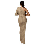 Sexy High Slit Knitted Dress One Shoulder Hollow Out Women Crochet Dresses  Long Crocheted Beach Dress Vestidos