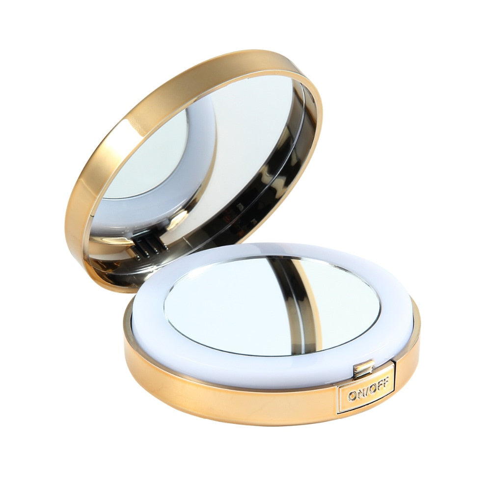 1 PCS Women LED Foldable Makeup Mirrors Lady Cosmetic Hand Folding Portable Compact Pocket Mirror 1/10X Magnifying HD