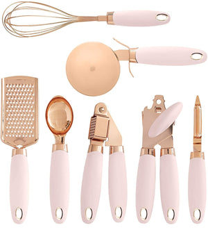 7 Pcs Kitchen Gadget Set Copper Coated Stainless Steel Utensils with Soft Touch Rose Gold Garlic Press Pizza Cutter