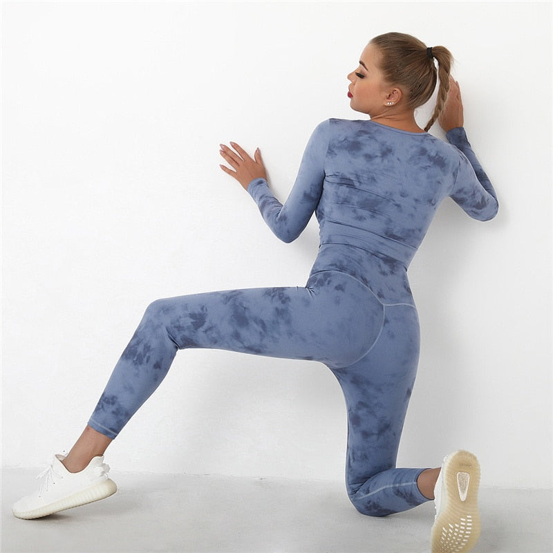 Tie Dye Yoga Suits 2 Pcs Long Sleeve Shirts+High Waist Leggings