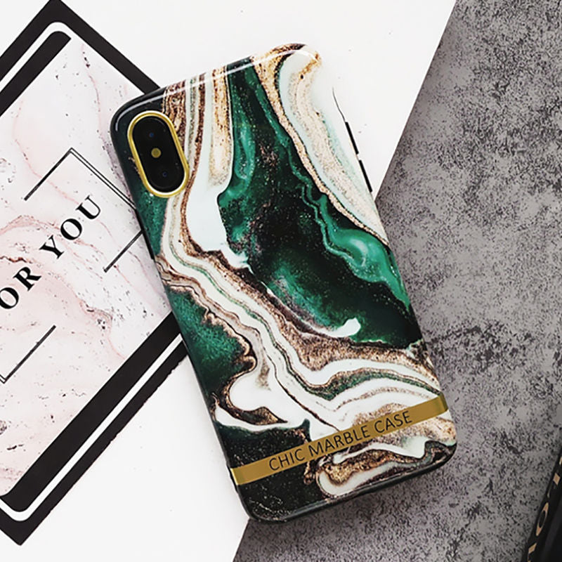 Artistic Agate Marble Gold Bar Phone Case For iphone XS XR XS Max 6 6S 7 8 Plus Glossy soft silicon Case