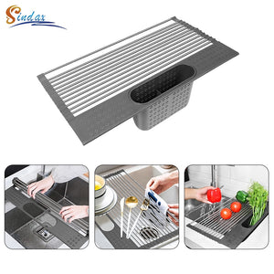 Dish Drainer Over Sink For Kitchen Organizer Multi-Use Roll-up Drying Foldable Rack  Fruit Vegetable Meat Mat