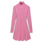 Women Fashion Chic Pink Side Split Slim Knitted Mini Dress Female Elegant Turtleneck Long Sleeve Dresses Vestidos