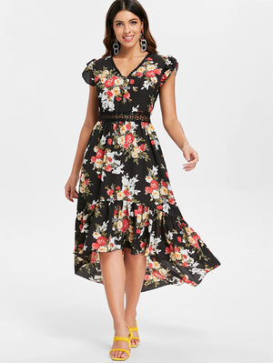 Floral Print Back Cut Out High Low Dress