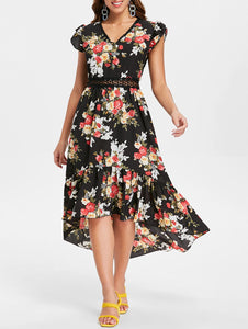 Floral Print Back Cut Out High Low Dress