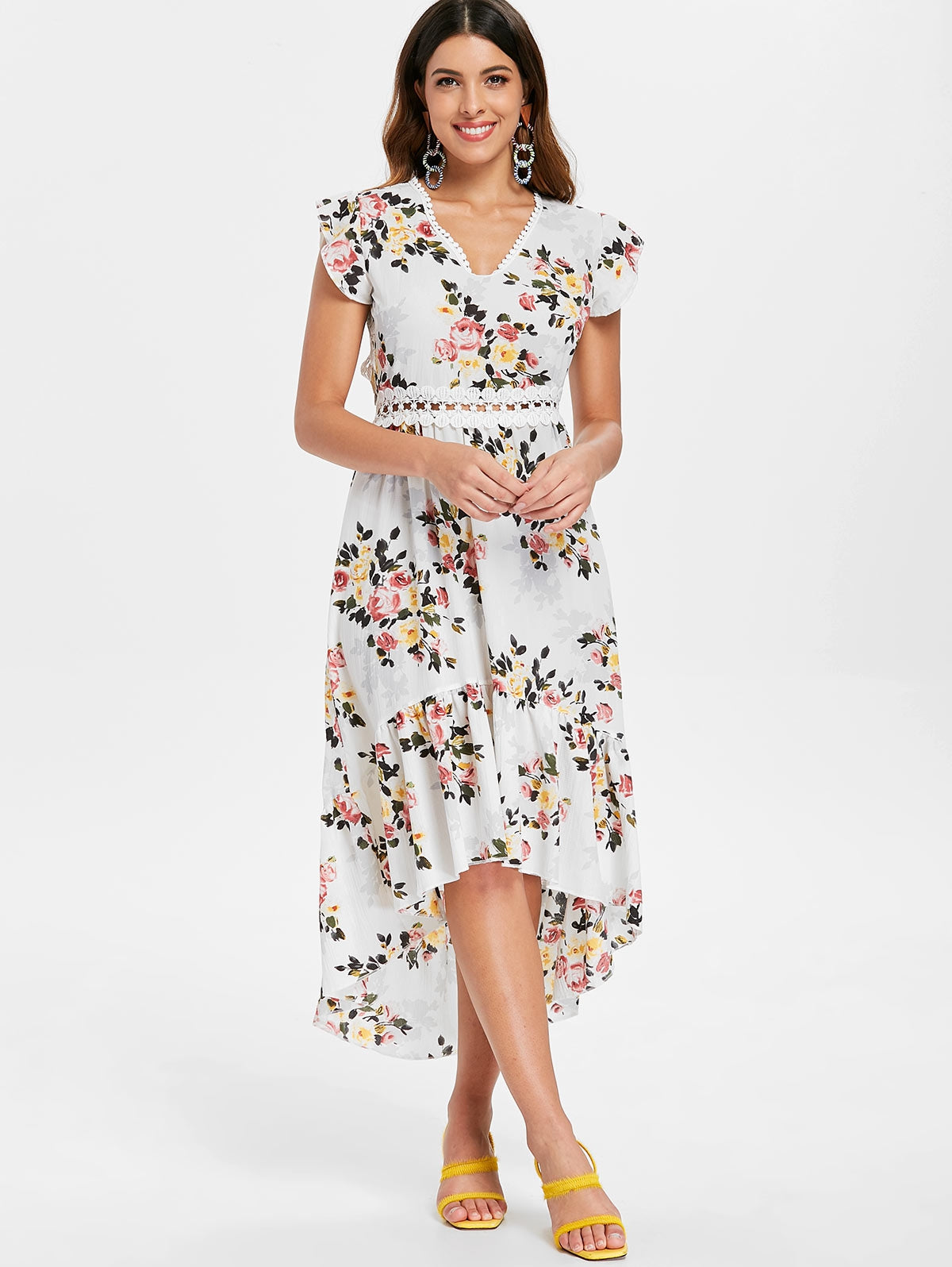 Floral Print Back Cut Out High Low Dress