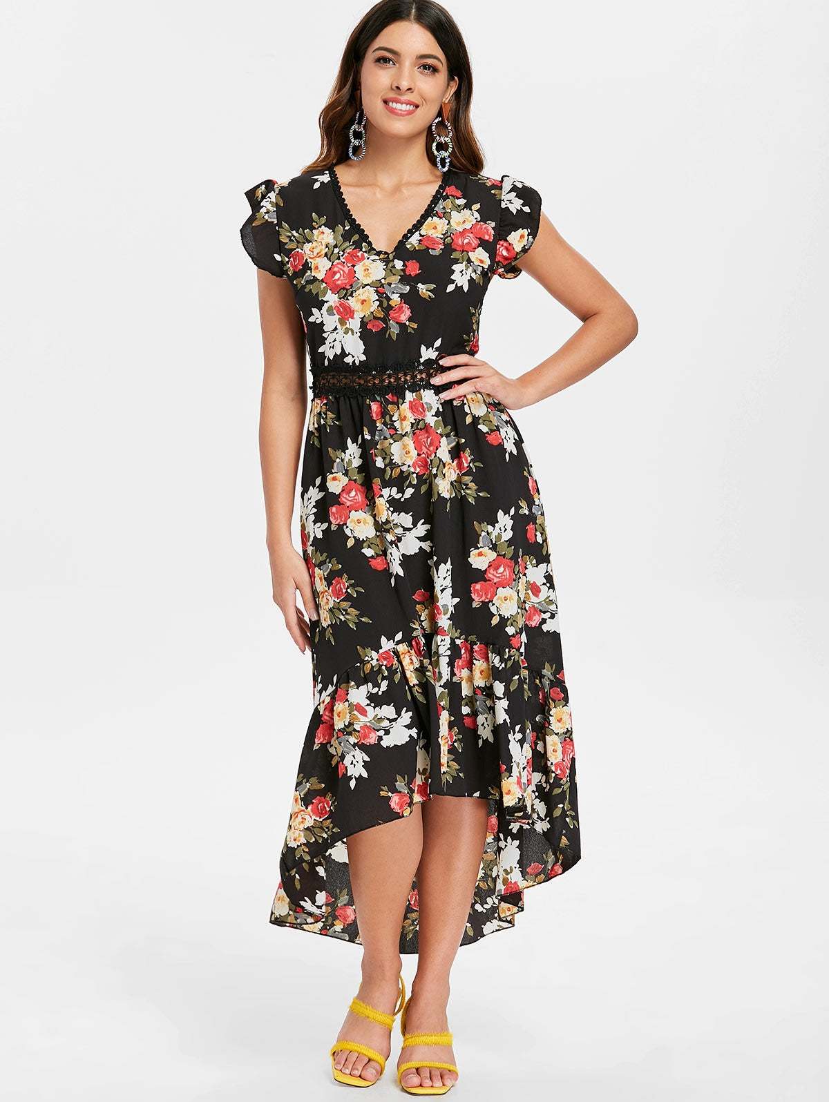 Floral Print Back Cut Out High Low Dress