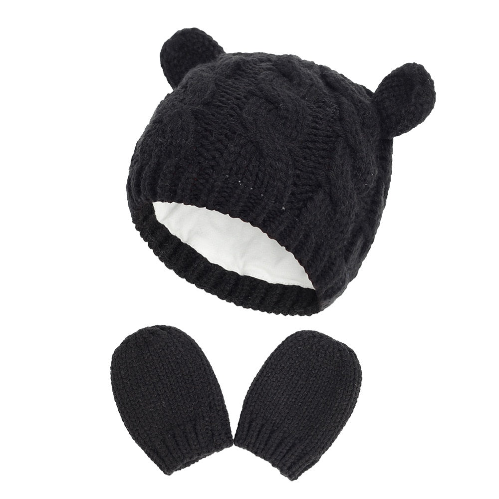 New Baby Kids Girls Boys Winter Warm Knit Hat Ear Solid Warm Cute Glove 2pcs Lovely Beanie Cap 0-18M