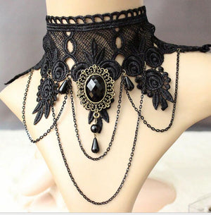 Party Queen Gemstone Wide Necklace Black Lace