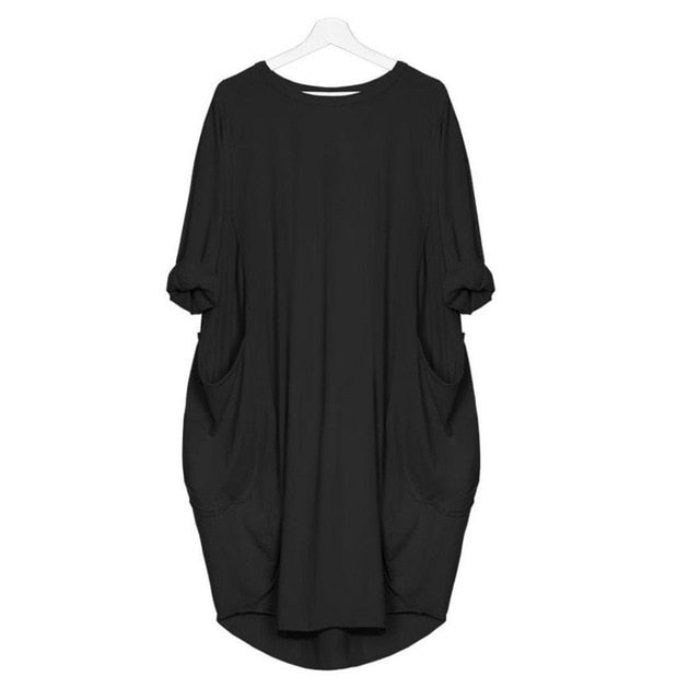 Feitong Plus Size Boho Womens Dress Ladies Casual Pocket Loose Dress Crew Neck Mini Tops Dress