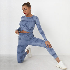 Tie Dye Yoga Suits 2 Pcs Long Sleeve Shirts+High Waist Leggings