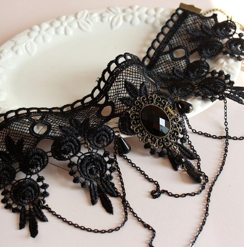 Party Queen Gemstone Wide Necklace Black Lace