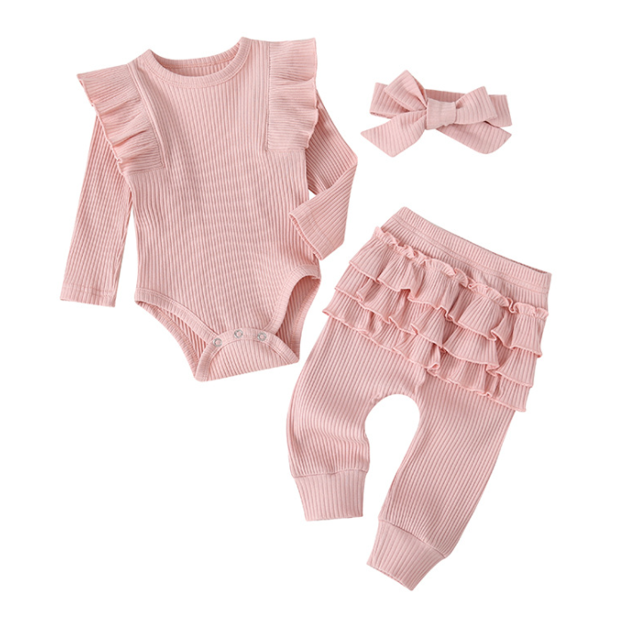 Autumn children's clothing girls casual pink long-sleeved lace-sleeved romper three-piece suit with bow headdress