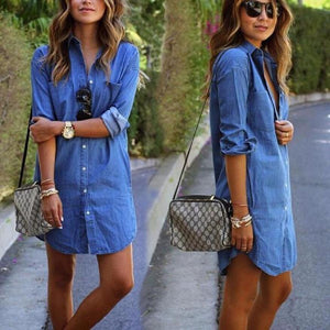 Denim Dresses Pockets Elegant Cowboy Lady Slim Shirt Dres