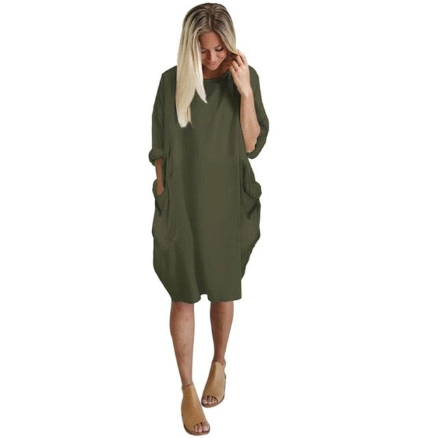 Feitong Plus Size Boho Womens Dress Ladies Casual Pocket Loose Dress Crew Neck Mini Tops Dress