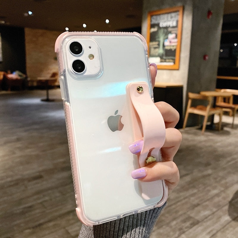 Soft Transparent Wrist Strap Phone Case For iPhone 11 12 mini Pro Max X XR Xs Max 7 8 Plus SE  Kickstand Cases Cover