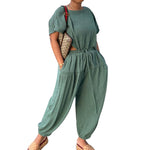 Women's Elastic Cotton And Linen Fashion Casual Wide Leg Pants Solid Color Two Piece Suit