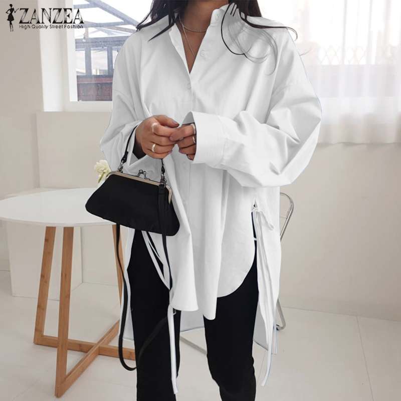 Stylish Solid Shirts Women's Asymmetrical Blouse ZANZEA Casual Lace Up Blusas Female Button Lapel Shirt Oversized Tunic