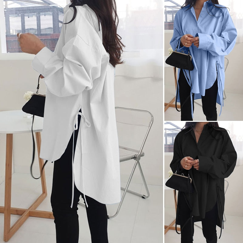 Stylish Solid Shirts Women's Asymmetrical Blouse ZANZEA Casual Lace Up Blusas Female Button Lapel Shirt Oversized Tunic