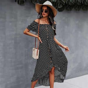 Ladies Vintage Maxi Polka Dot Print Summer Dress Women Casual Off Shoulder Sexy Button Long Women Beach Dress