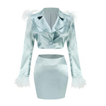 Women Suit  Long Sleeve Feather Short  Blazers Skirts Top