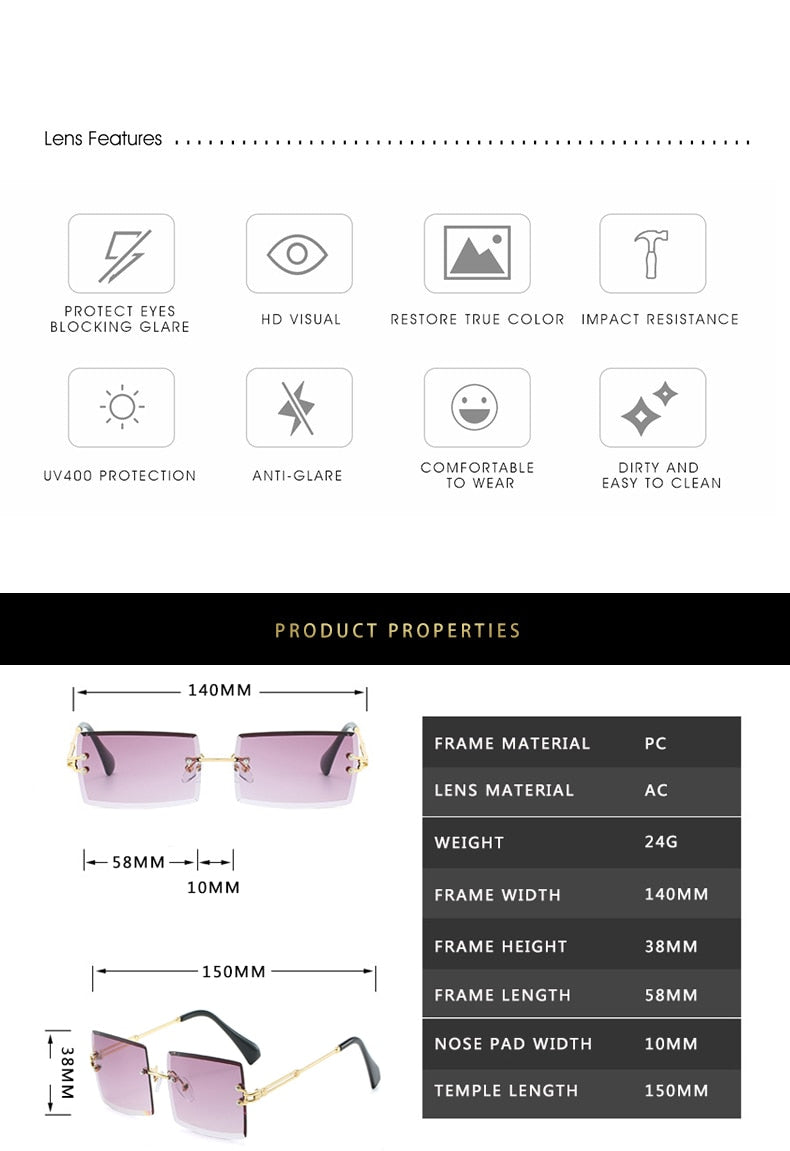 Retro Sunglasses Women Brand Designer Fashion Rimless Gradient Sun Glasses Shades Cutting Lens Ladies Frameless Eyeglasses