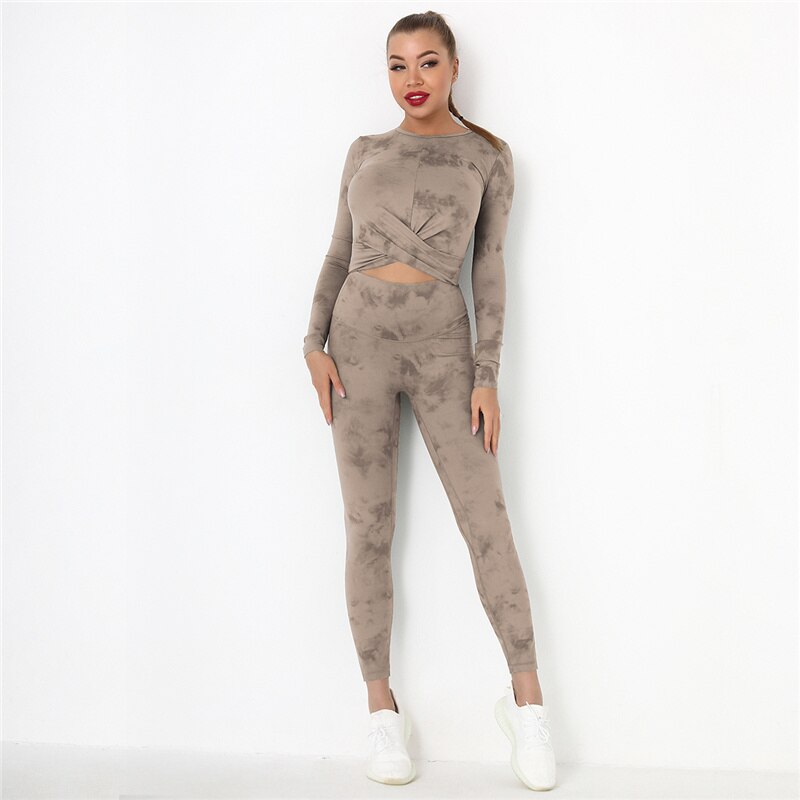 Tie Dye Yoga Suits 2 Pcs Long Sleeve Shirts+High Waist Leggings