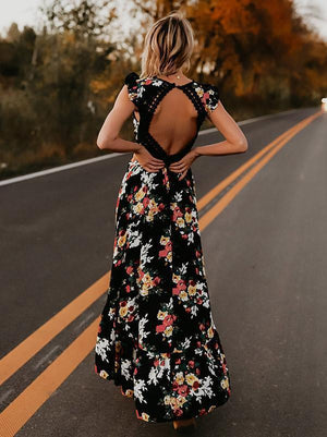 V neck backless summer dress  bohemian maxi dress Hollow out irregular long dress