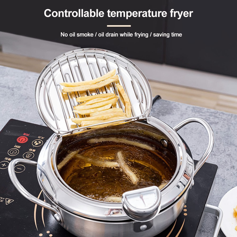 Restaurant Lid With Thermometer Non Stick Tempura Deep Fryer Carbon Steel Easy Clean Kitchen Chicken French Fries Oil Drip Rack