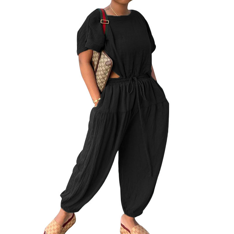 Women's Elastic Cotton And Linen Fashion Casual Wide Leg Pants Solid Color Two Piece Suit