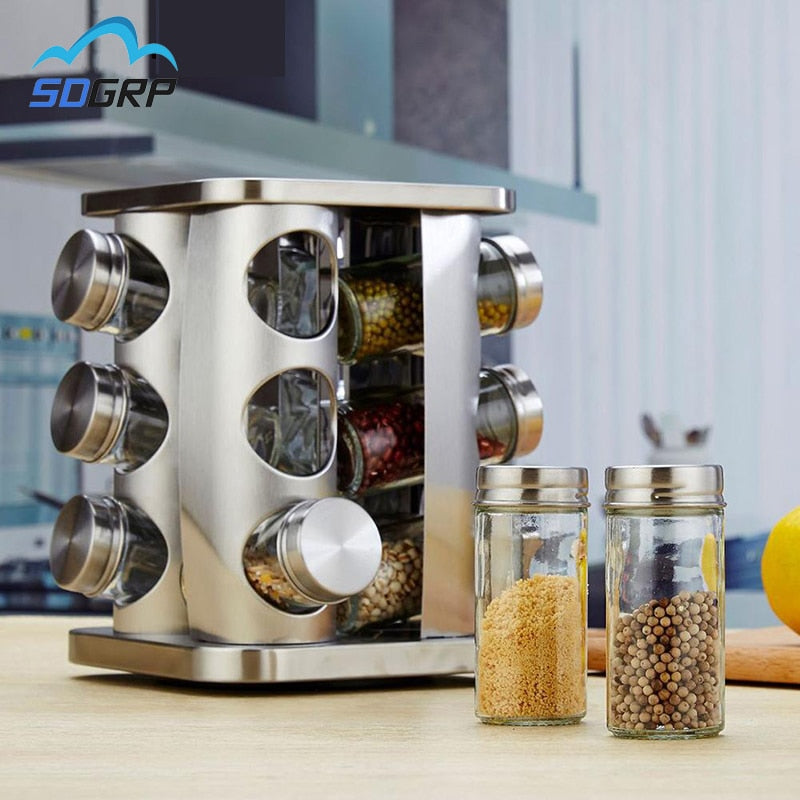 12Pc Kitchen Spice Jars Storage Rotatable Base