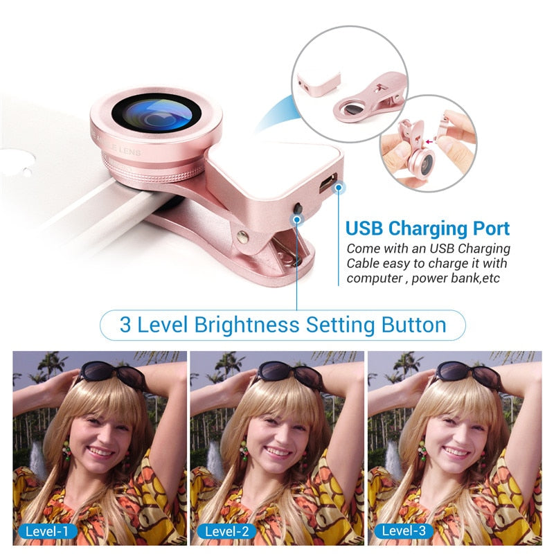 3 in 1 Phone Lens, LED Flish Light Lens For iphone SE X 8 7 6 6S Fish Eye Lens 0.4-0.6X Wide Angle+10X Macro Clip-on Lens