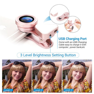 3 in 1 Phone Lens, LED Flish Light Lens For iphone SE X 8 7 6 6S Fish Eye Lens 0.4-0.6X Wide Angle+10X Macro Clip-on Lens