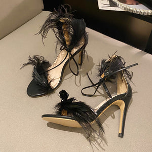 2021 New Fashion With Feather Open Toe Strap High Heels