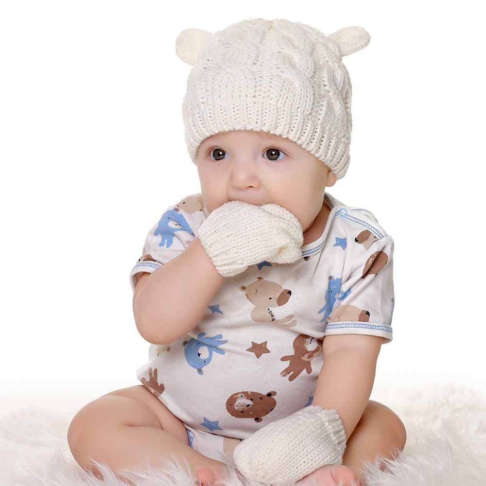 New Baby Kids Girls Boys Winter Warm Knit Hat Ear Solid Warm Cute Glove 2pcs Lovely Beanie Cap 0-18M