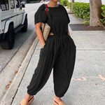 Women's Elastic Cotton And Linen Fashion Casual Wide Leg Pants Solid Color Two Piece Suit