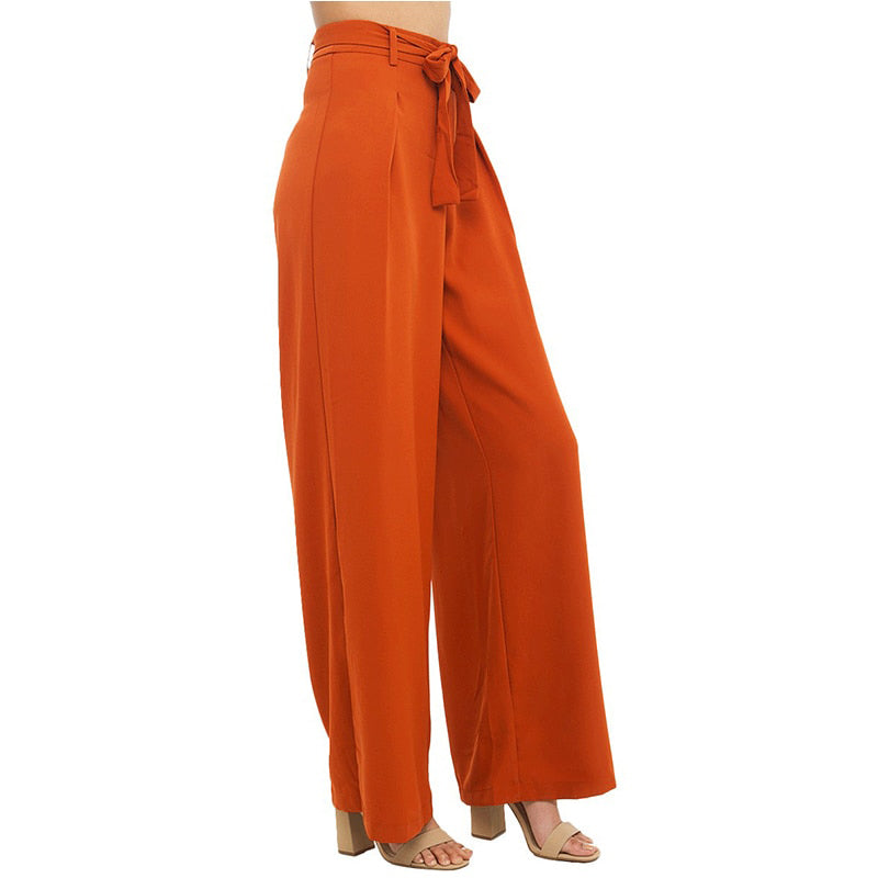 Haoduoyi Women Orange Wide Leg Chiffon Pants High Waist Drawstring Front Trousers Palazzo OL Elegant Long Culottes Pants