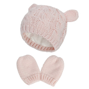 New Baby Kids Girls Boys Winter Warm Knit Hat Ear Solid Warm Cute Glove 2pcs Lovely Beanie Cap 0-18M