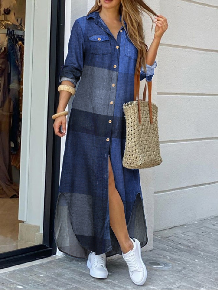 Long Sleeve Dress Checked Plaid Robe Maxi Beach Dress Summer Elegant Women Button Long Shirt Dress