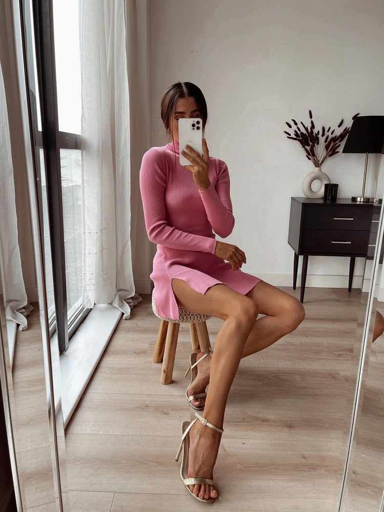 Women Fashion Chic Pink Side Split Slim Knitted Mini Dress Female Elegant Turtleneck Long Sleeve Dresses Vestidos