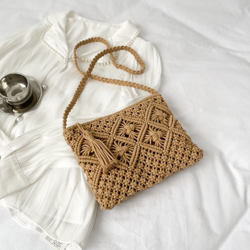 Spring And Summer Trendy Cotton Rope Tassel Hand Woven Bag