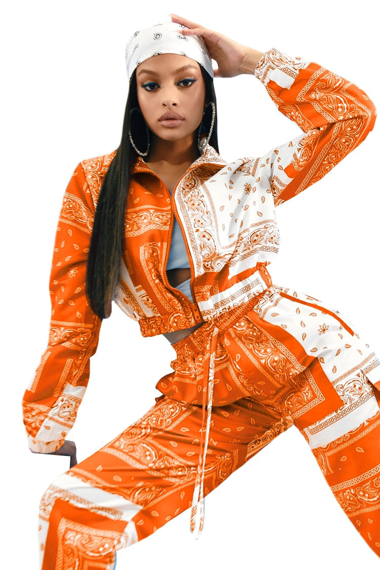 Paisley Bandana Print Two 2 Piece Set Women Fitness Sweatsuit Zipper Up Sweatshirt + Jogger Pants Set Tracksuit Vintage Outfits